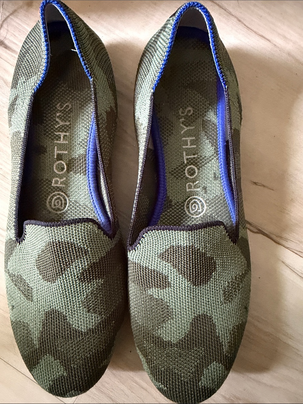 Rothy's Olive Camo Pointed Slip-On Flats with Blue Trim